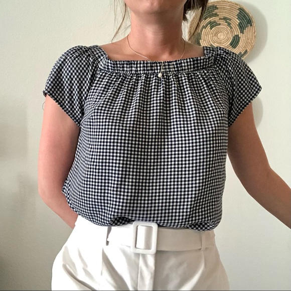*SOLD* Gingham blue off shoulder cap sleeve top - Picture 7 of 9